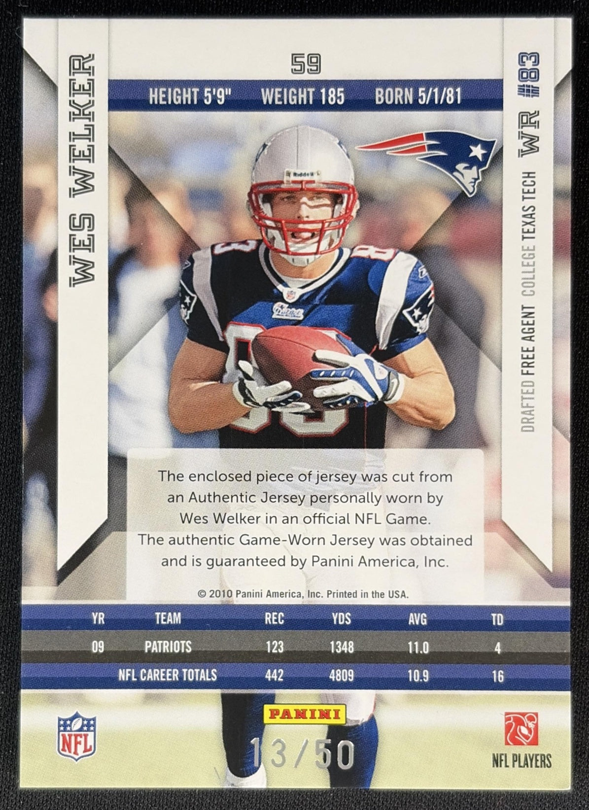 Wes Welker 2010 Panini Epix Platinum /50 Patriots back