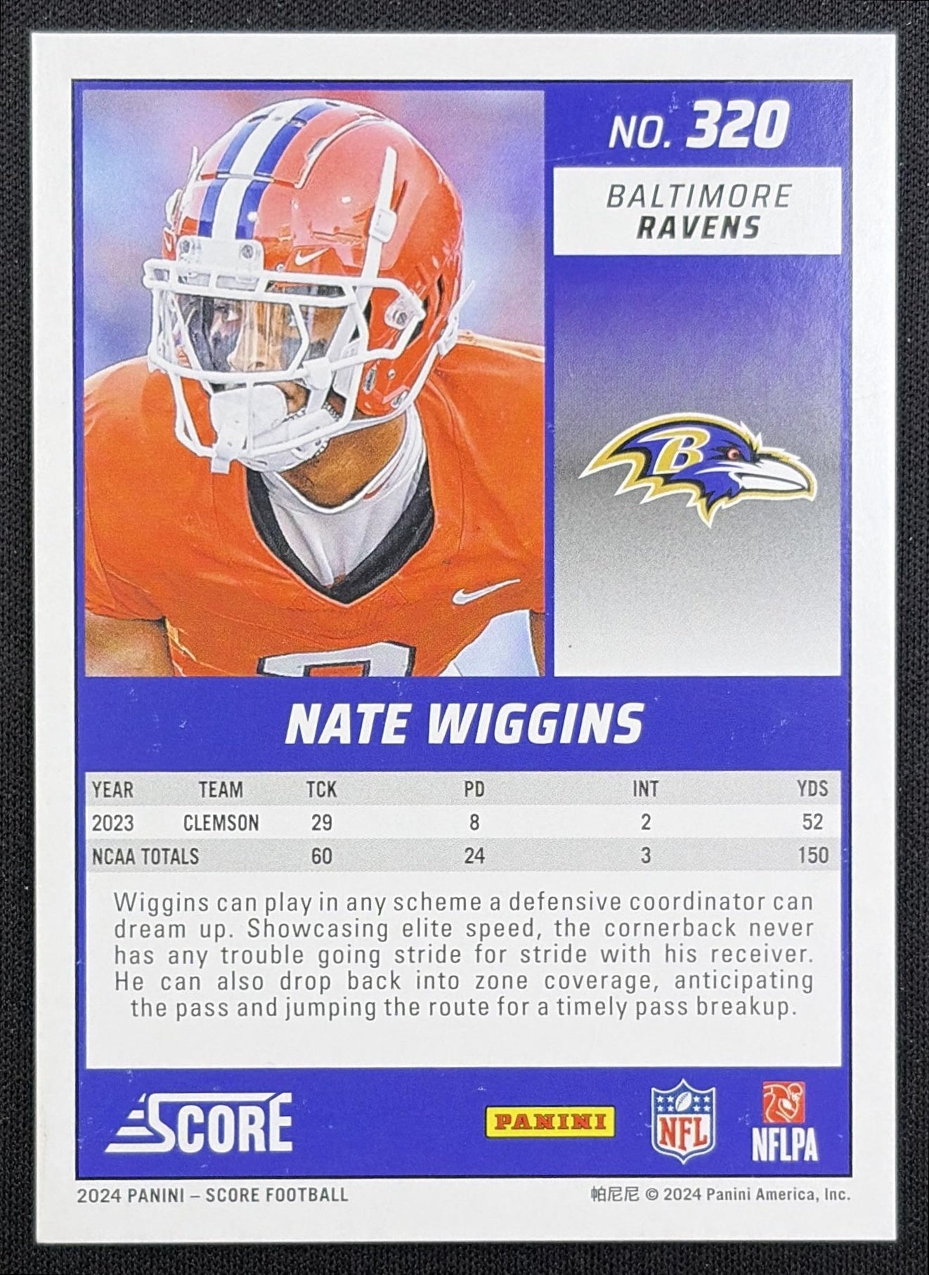 Nate Wiggins 2024 Panini Score Dots Gold /240 Ravens back