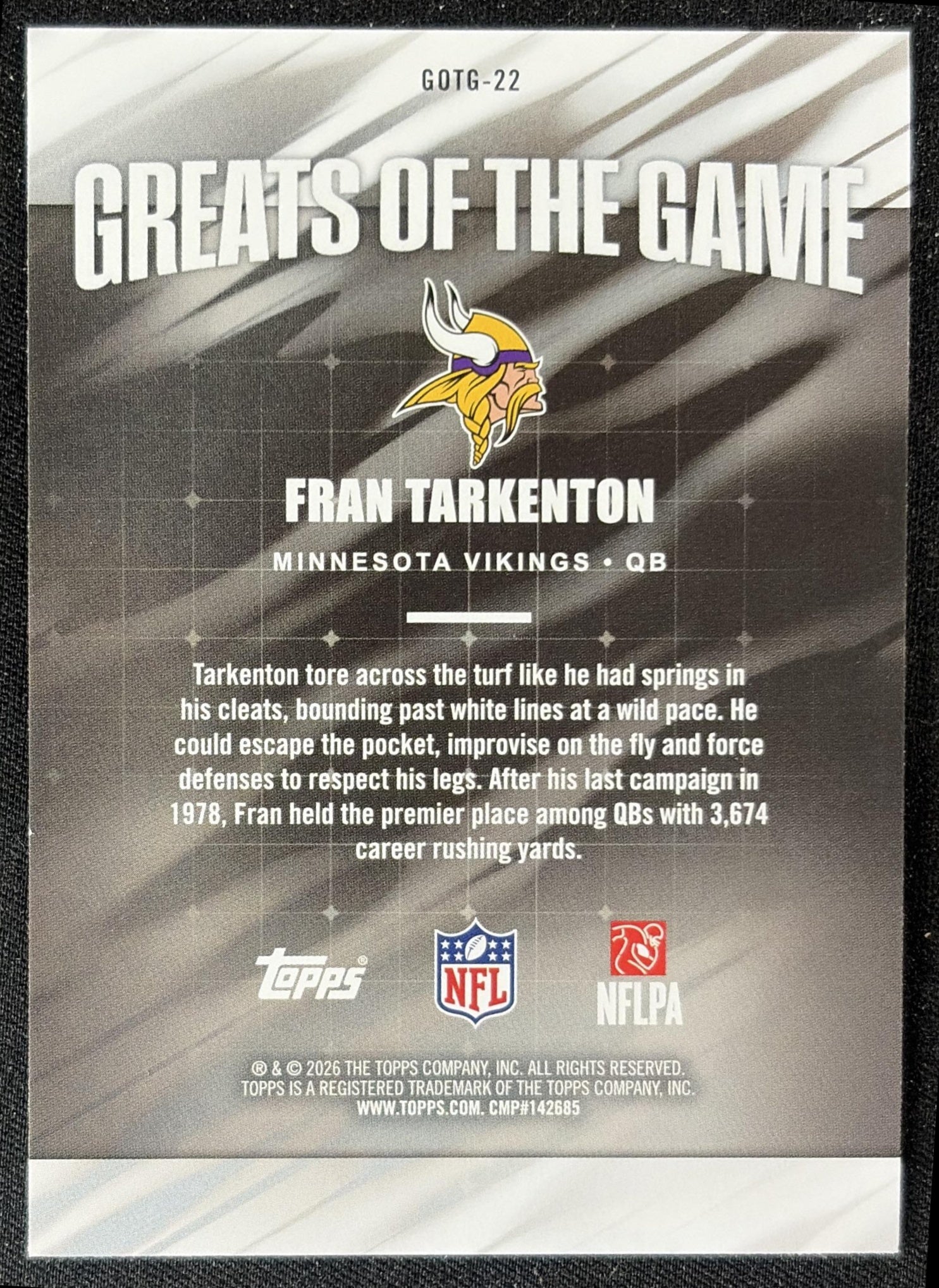 Fran Tarkenton 2026 Topps Greats Of The Game Vikings back