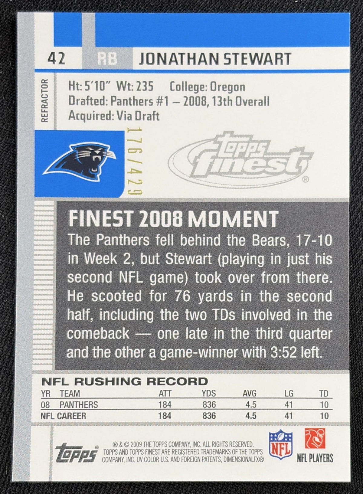 Jonathan Stewart 2009 Topps Finest Blue Refractor /429 Panthers
