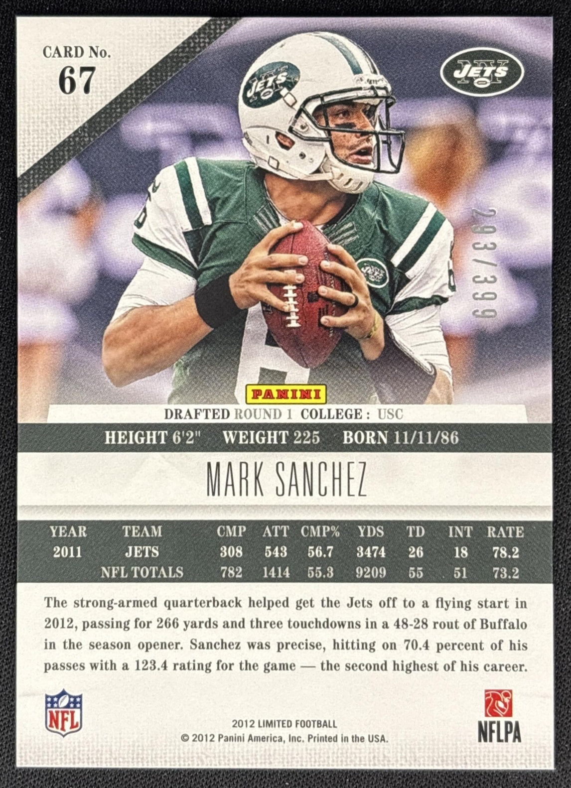 Mark Sanchez 2012 Panini Limited /399 Jets back