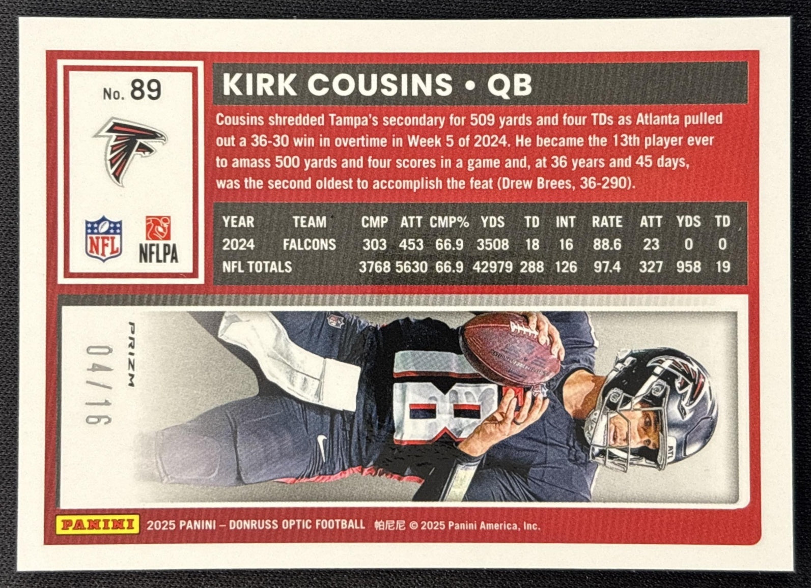 Kirk Cousins 2025 Panini Donruss Optic Footballs Prizm /16 Falcons back
