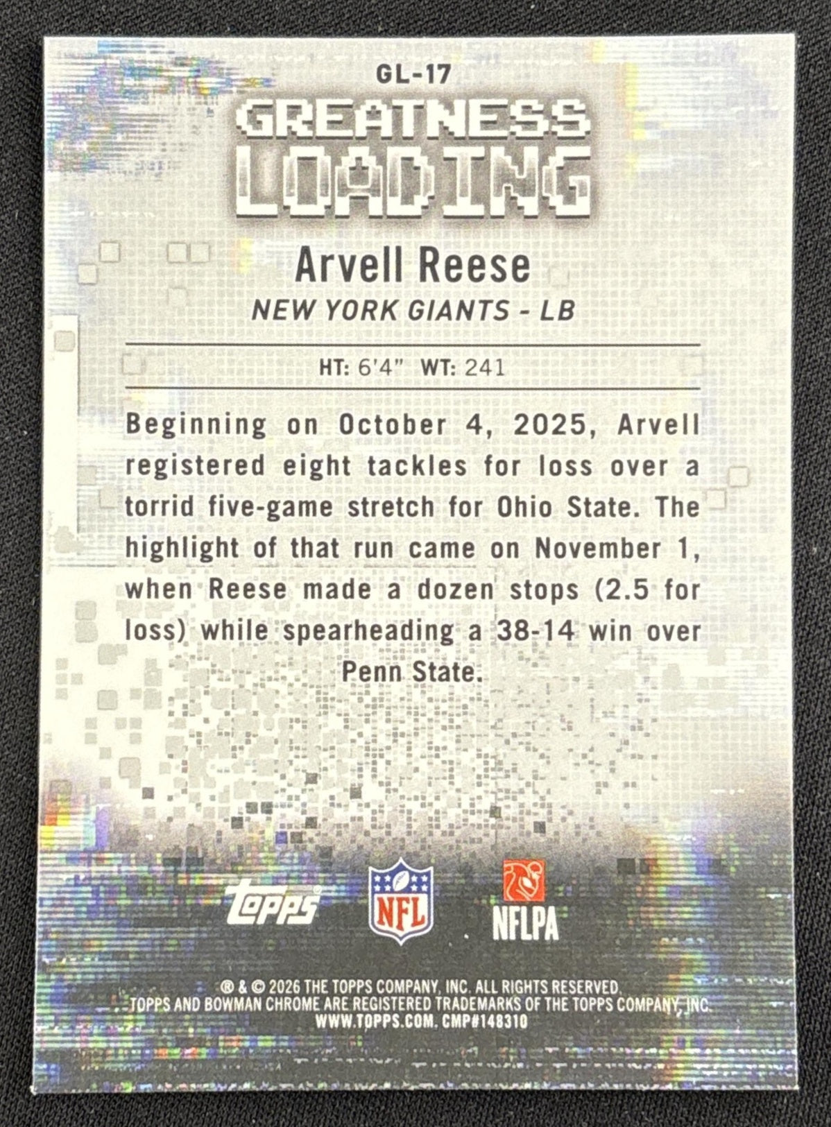 Arvell Reese 2026 Bowman Greatness Loading Giants back