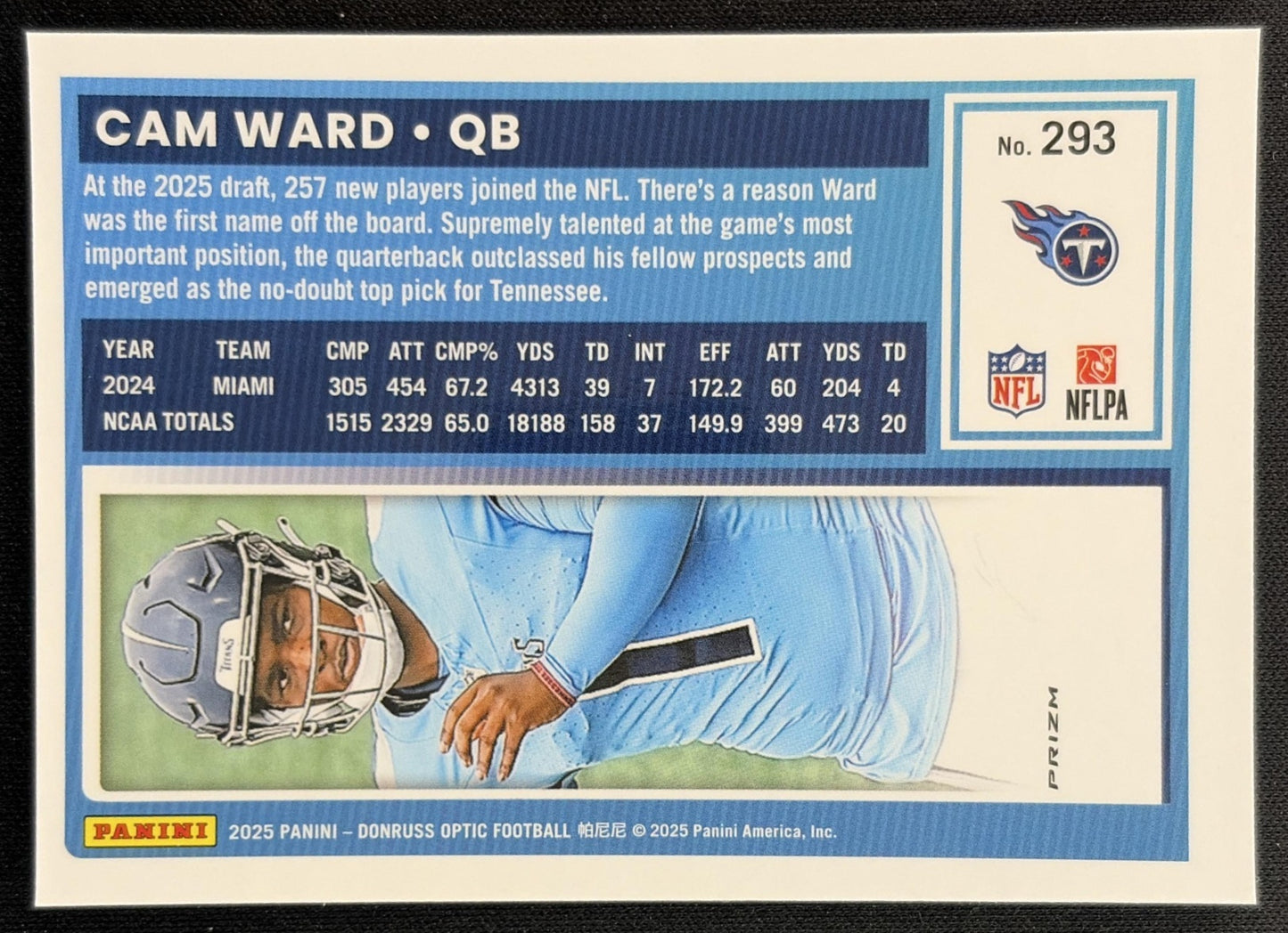 Cam Ward 2025 Panini Donruss Optic Rated Rookie Holo Prizm Titans back