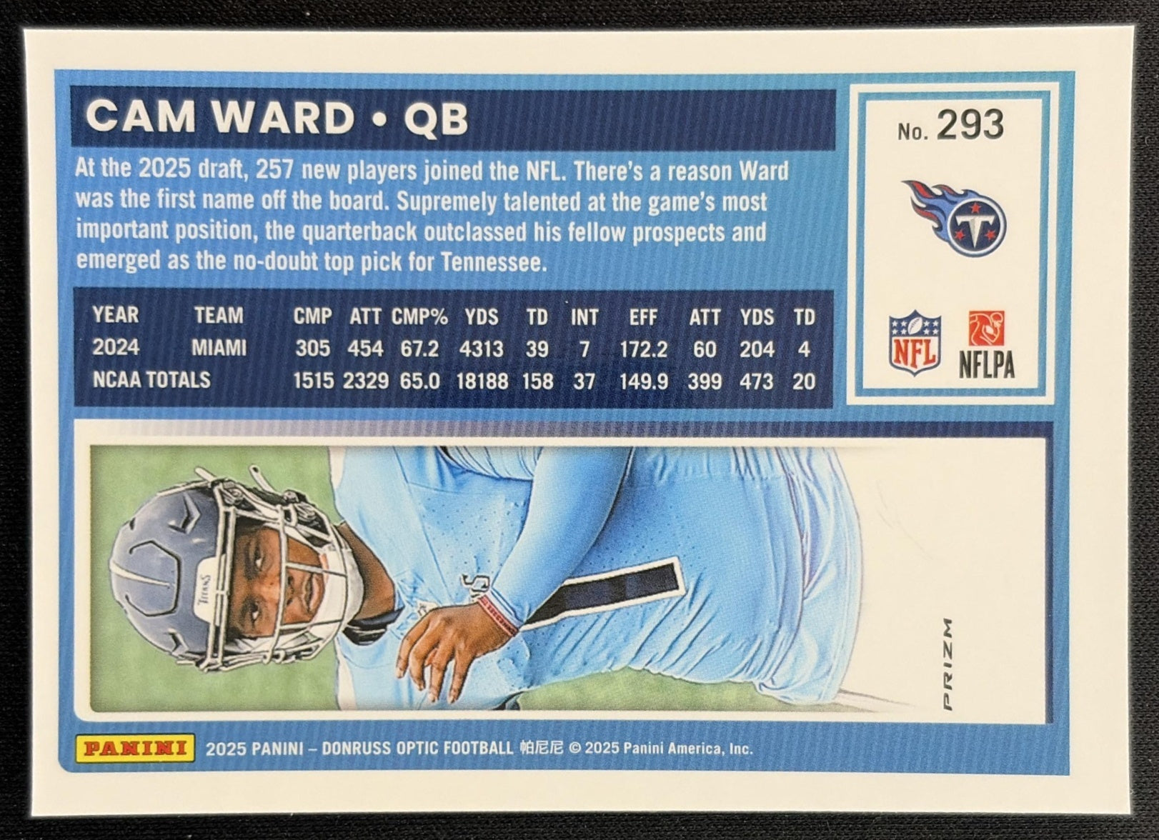 Cam Ward 2025 Panini Donruss Optic Rated Rookie Holo Prizm Titans back