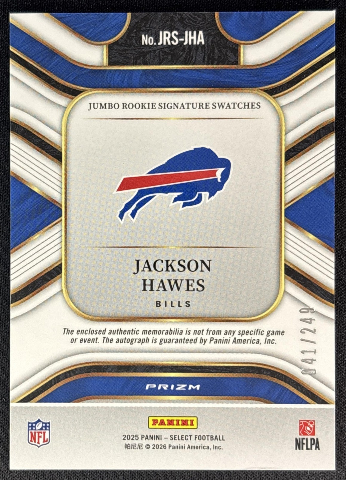 Jackson Hawes 2025 Select Jumbo Rookie Signature Swatch Silver Prizm /249 Bills back