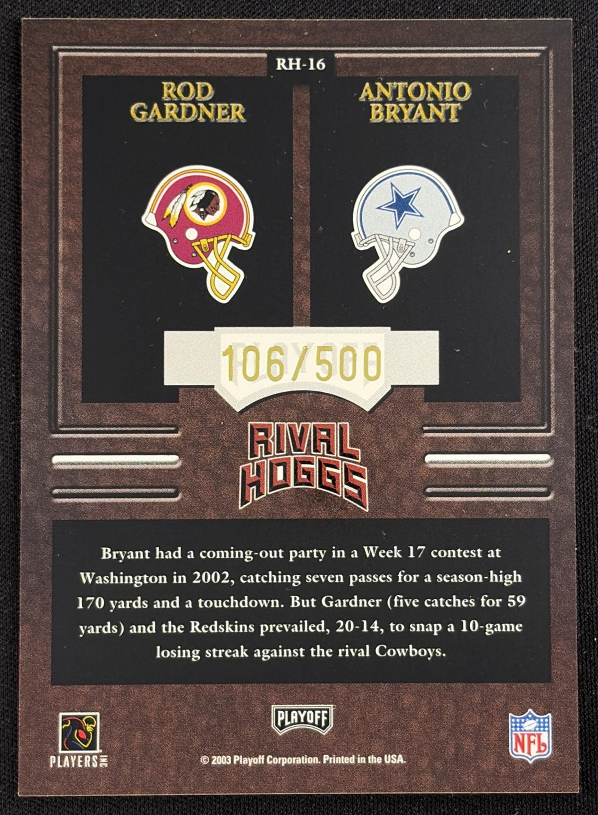 Antonio Bryant Rod Gardner 2003 Playoff Hogg Heaven Rival Hoggs /500 Cowboys Redskins - Back