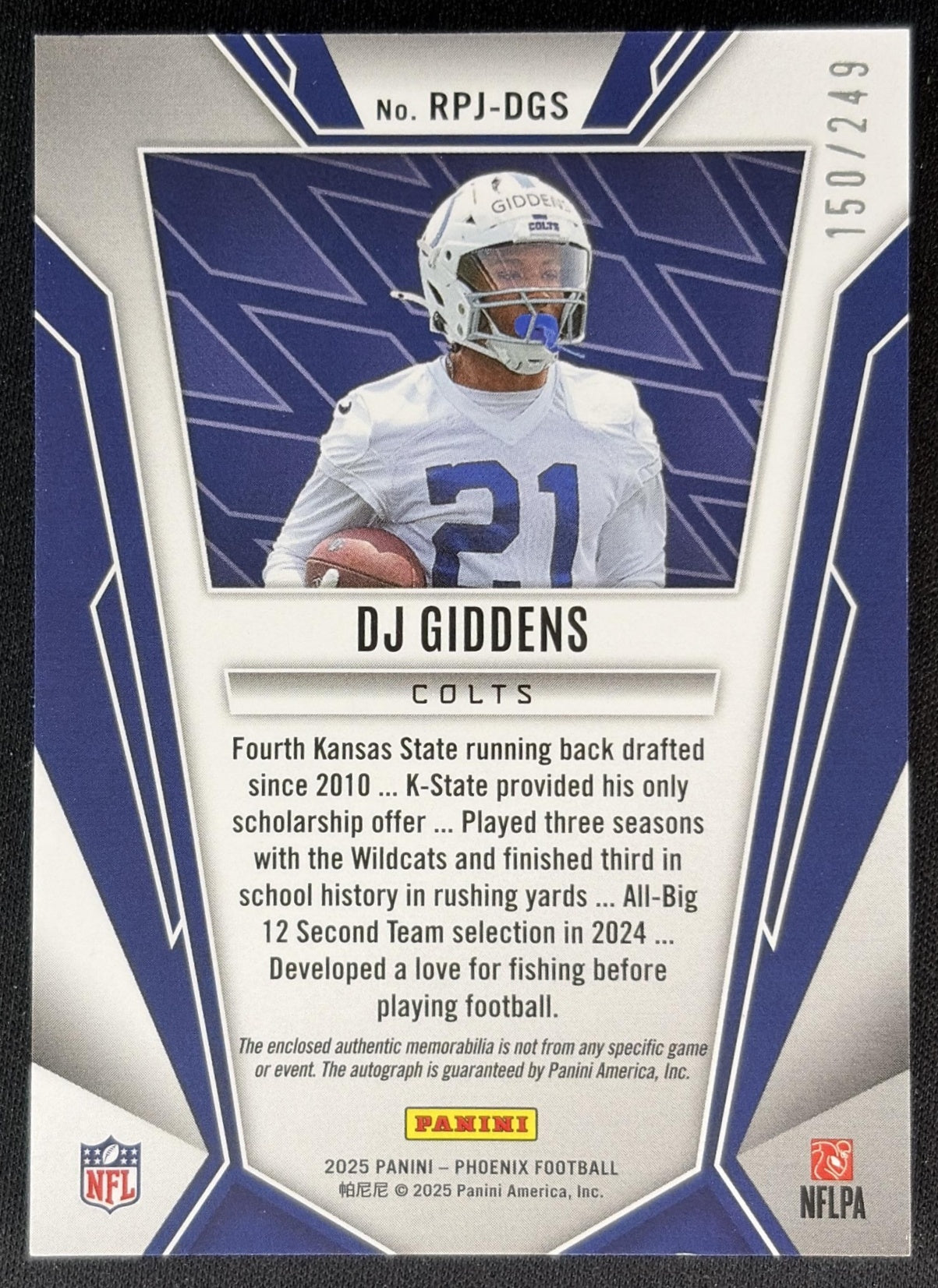 DJ Giddens 2025 Panini Phoenix Rookie Phenoms Jersey Auto /249 Colts Back