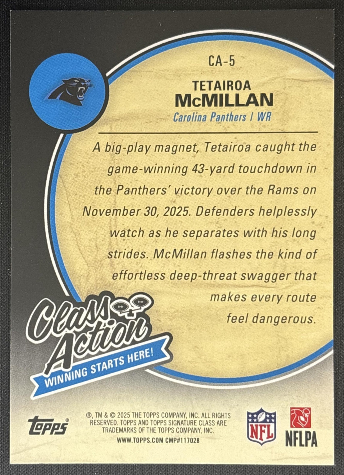 Tetairoa McMillan 2025 Topps Signature Class Action Panthers back