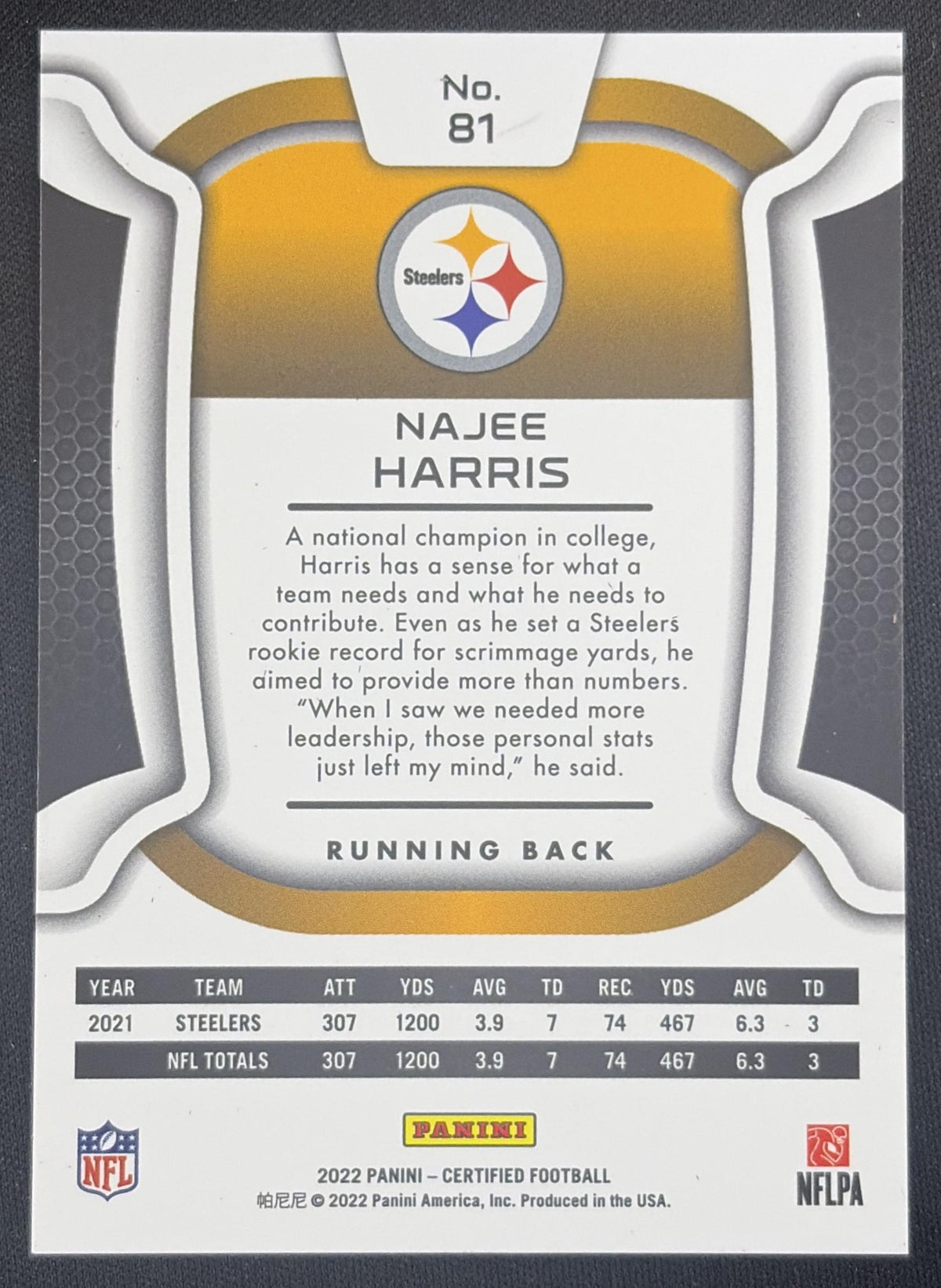 Najee Harris 2022 Panini Certified Mirror Red /99 Steelers