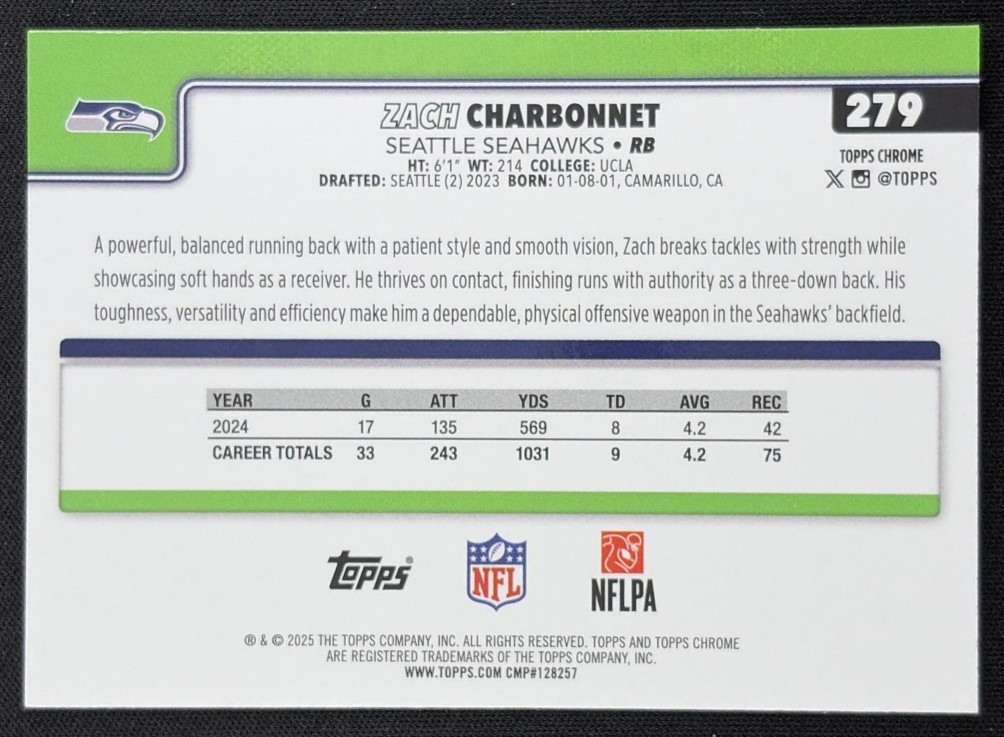 Zach Charbonnet 2025 Topps Chrome Pink Wave Refractor /250 Seahawks