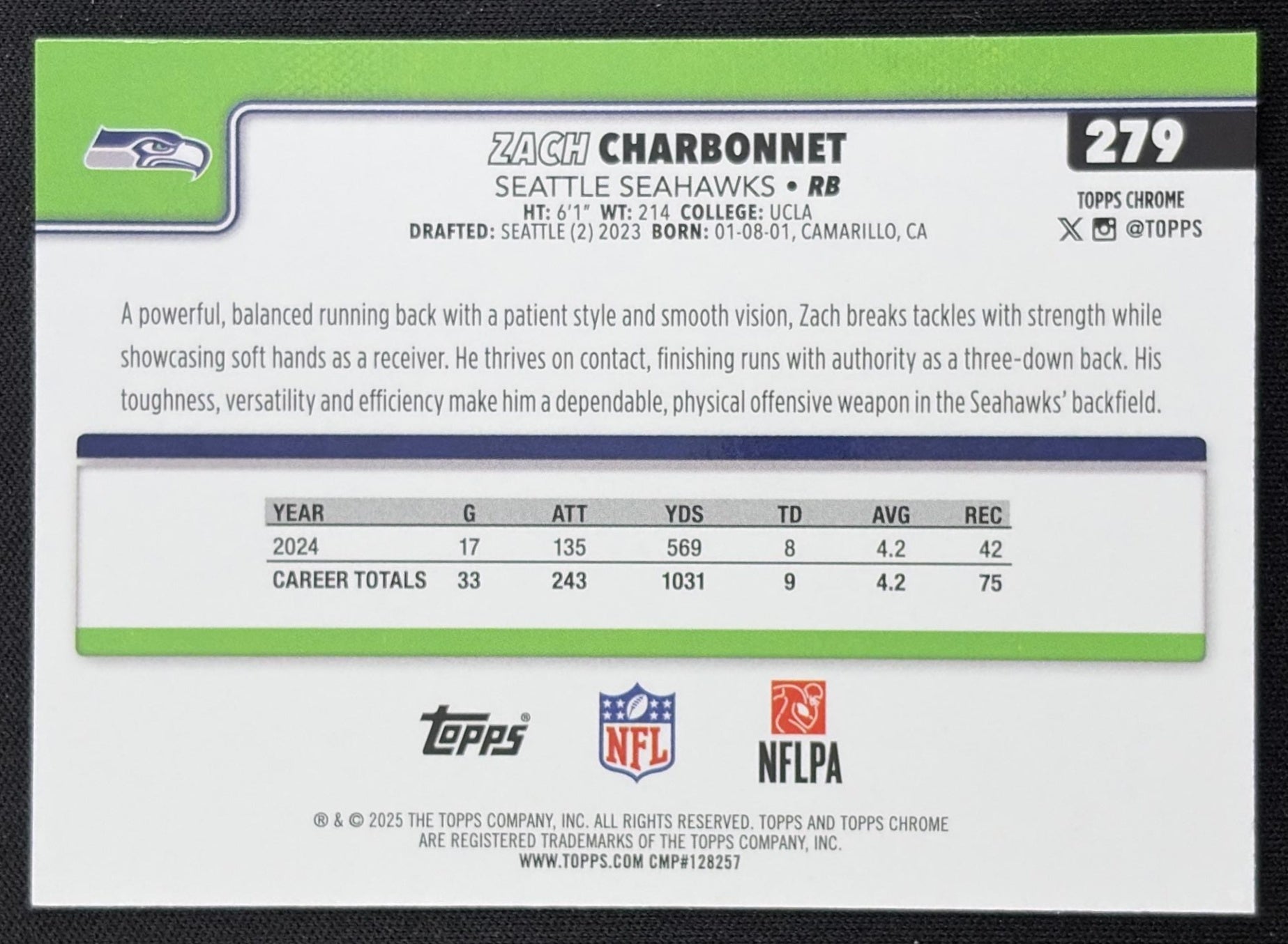 Zach Charbonnet 2025 Topps Chrome Pink Wave Refractor /250 Seahawks