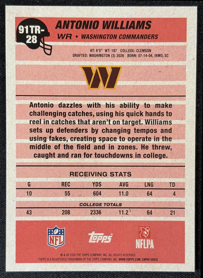 Antonio Williams 2026 Topps 1991 Rookie Commanders back