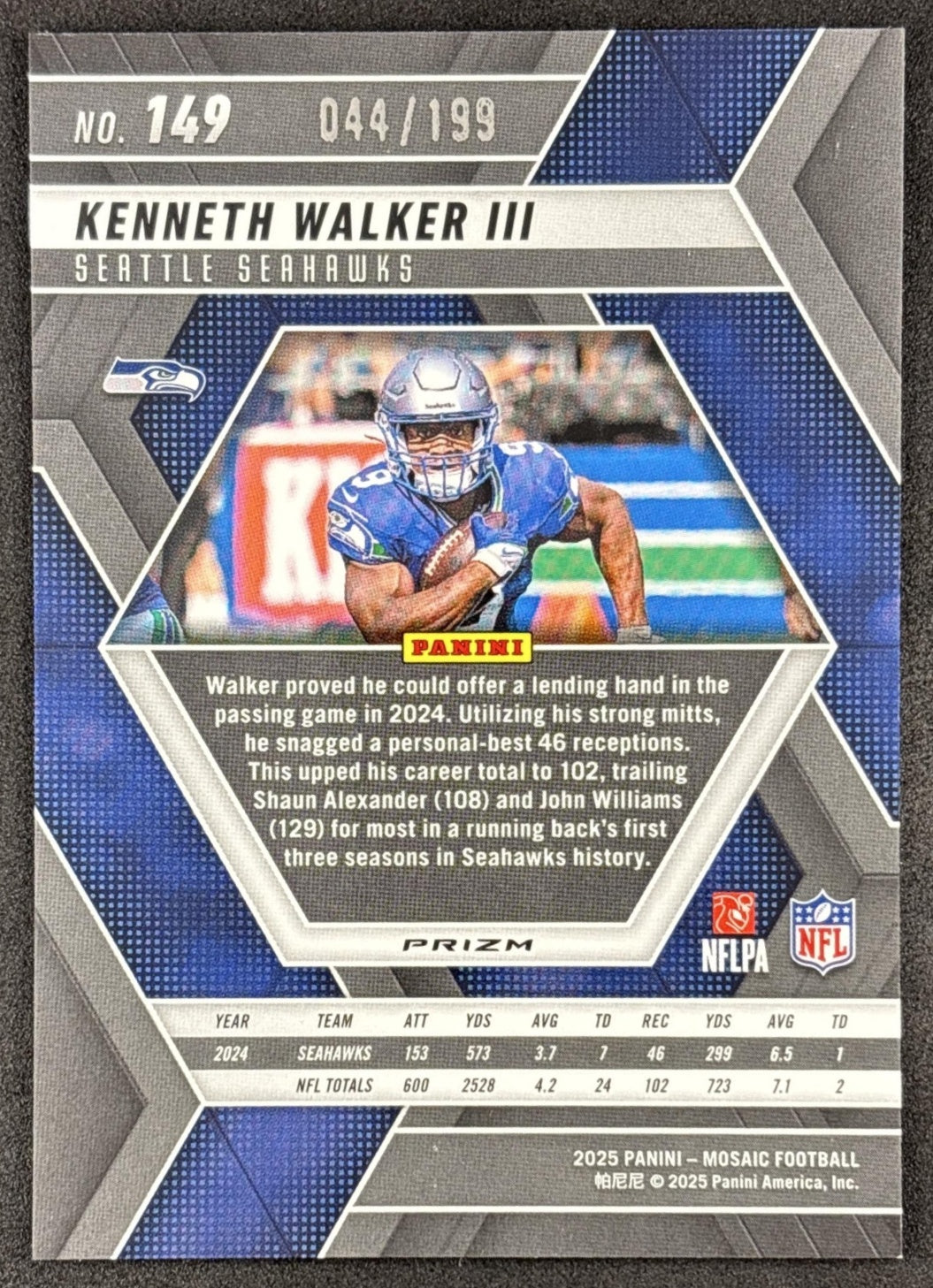 Kenneth Walker III 2025 Panini Mosaic Orange Prizm /199 Seahawks back