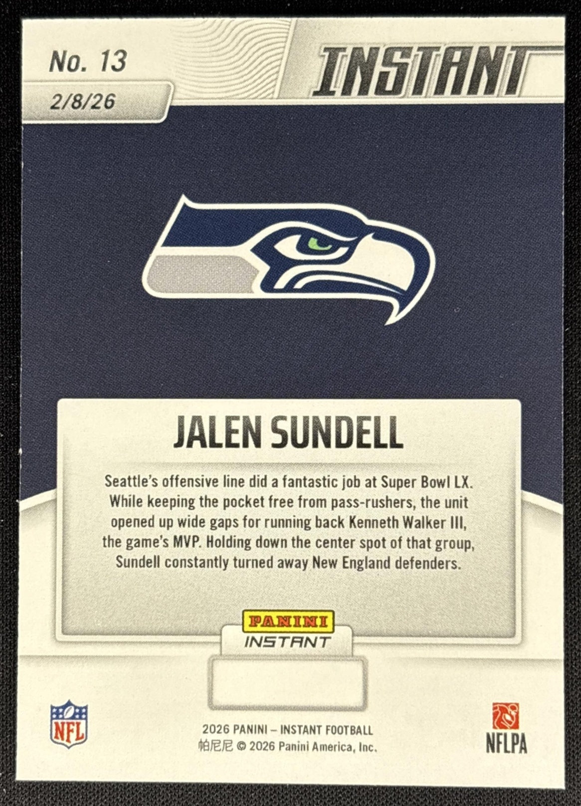 Jalen Sundell 2026 Panini Instant Super Bowl LIX Champions Seattle Seahawks