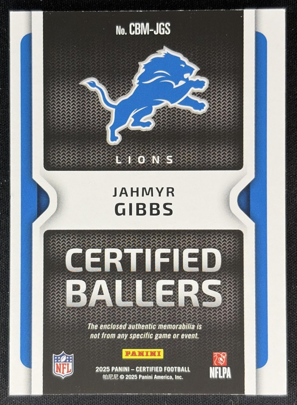 Jahmyr Gibbs 2025 Panini Certified Ballers Mirror Orange /99 Lions back