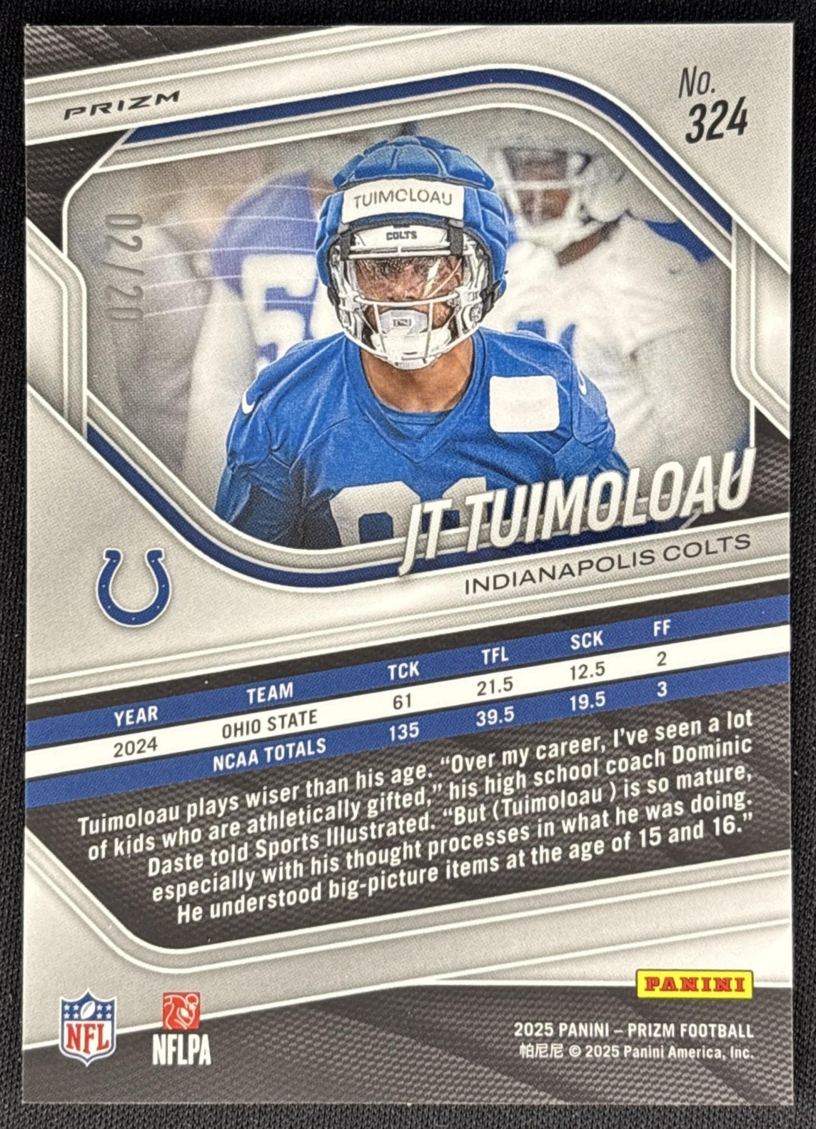 JT Tuimoloau 2025 Panini Prizm Choice Red /20 Colts Sports Trading Cards