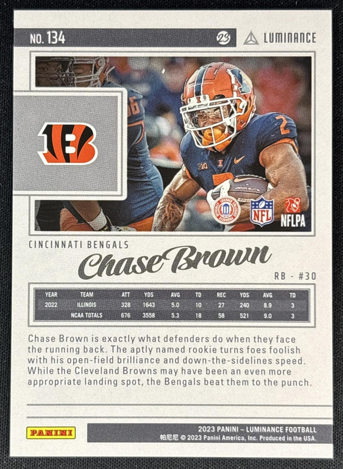 Chase Brown 2023 Panini Luminance Blue /150 Bengals back