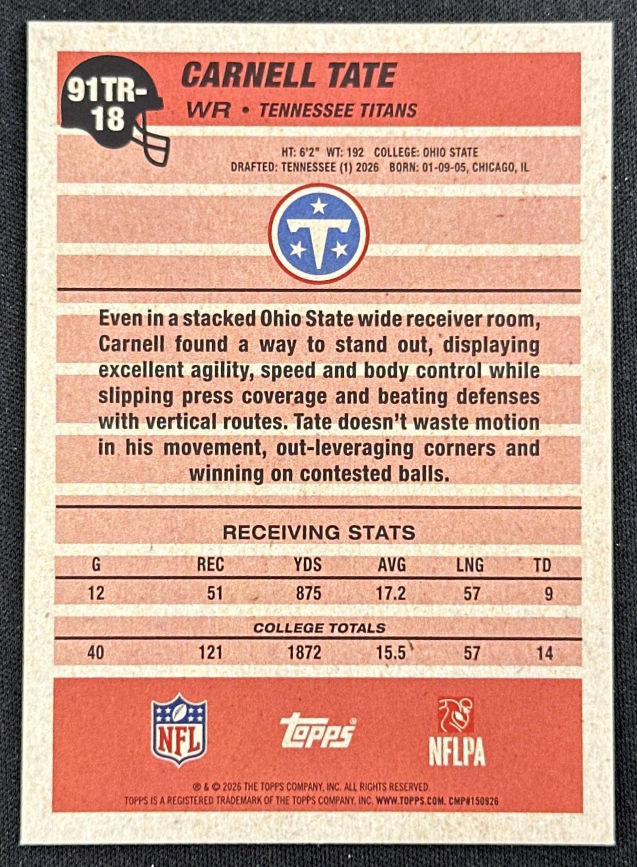 Carnell Tate 2026 Topps Flagship 1991 Rookie Titans