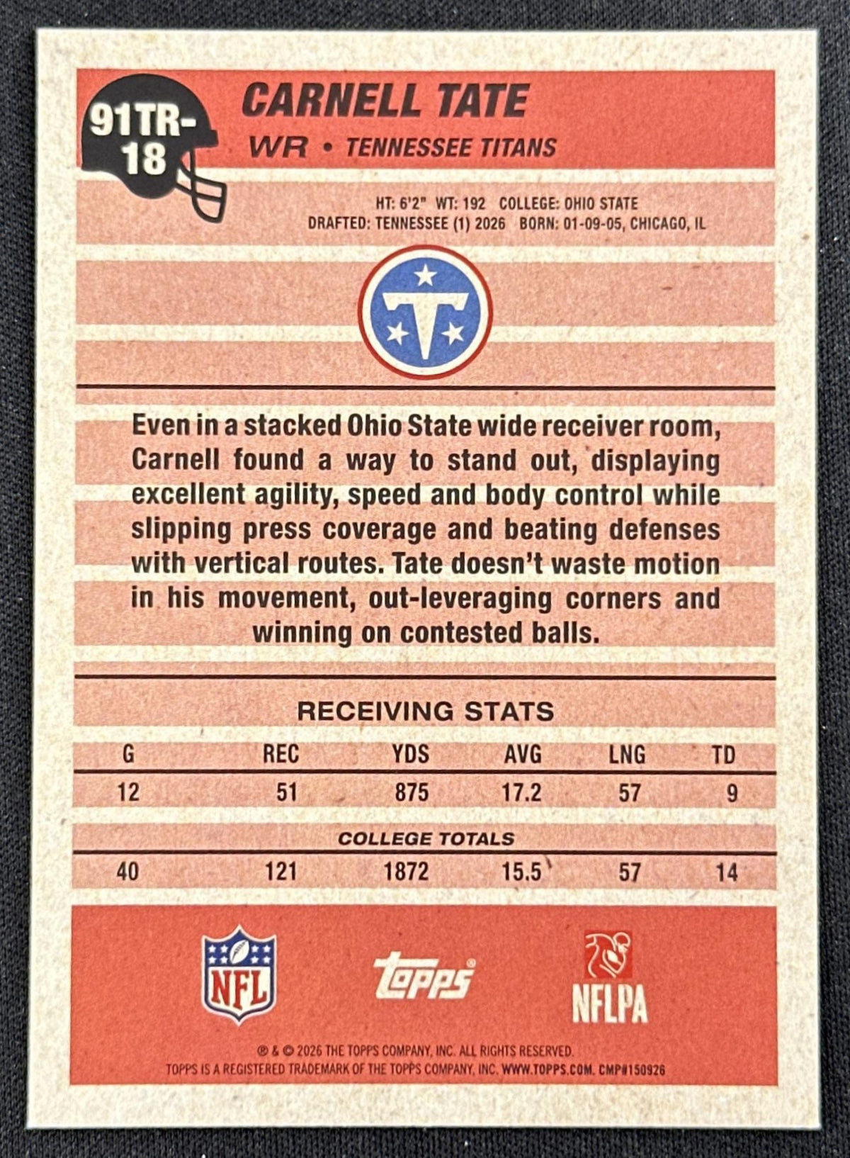 Carnell Tate 2026 Topps Flagship 1991 Rookie Titans