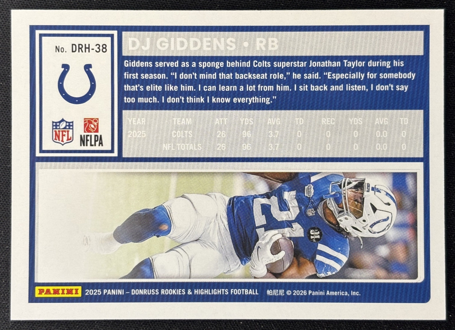 DJ Giddens 2025 Panini Donruss Rookies & Highlights Colts Sports Trading Cards