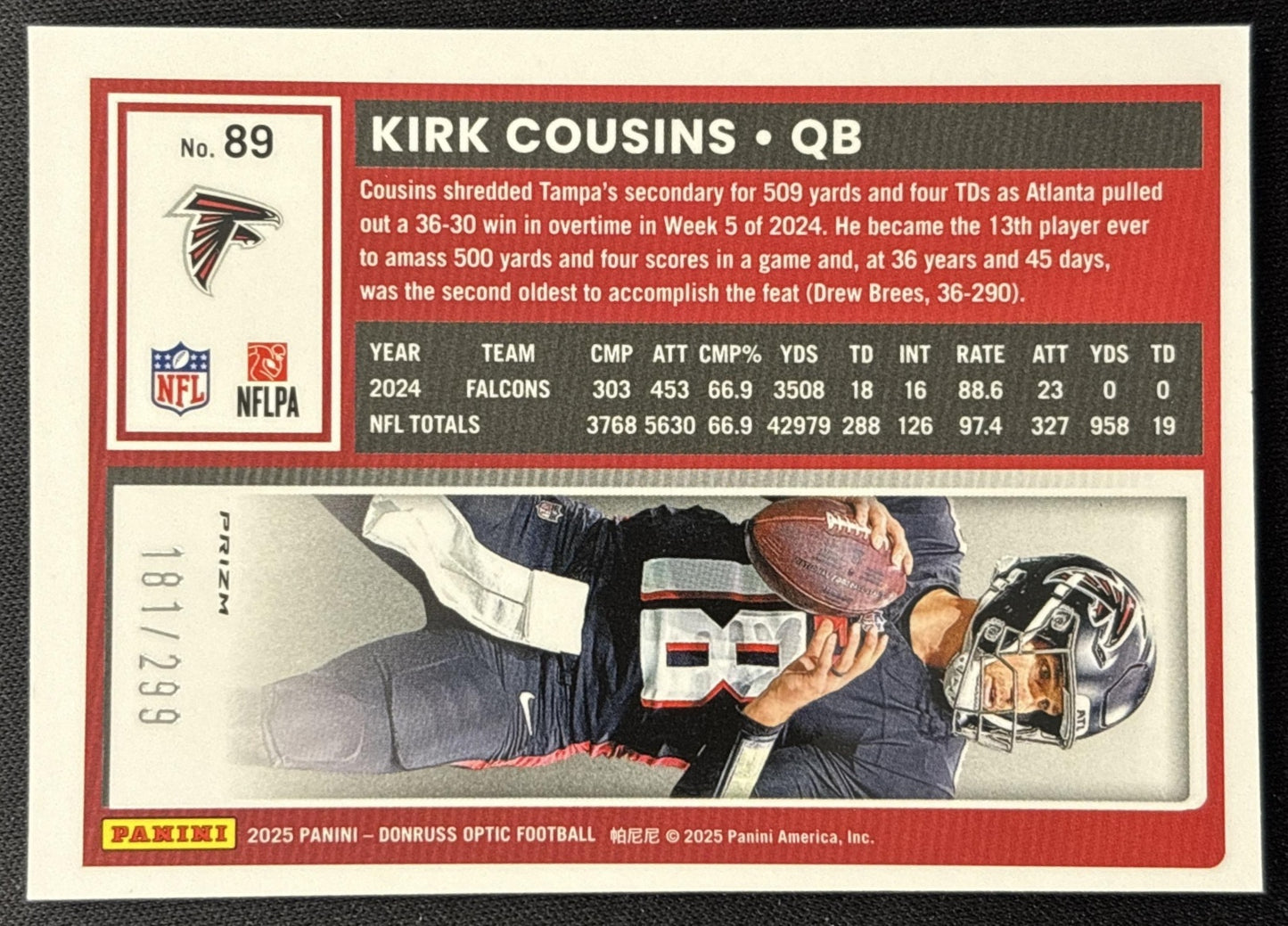 Kirk Cousins 2025 Panini Donruss Optic Orange Prizm /299 Falcons Sports Trading Cards