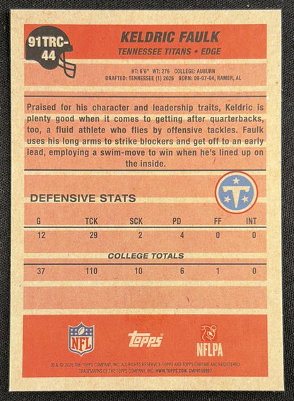 Keldric Faulk 2026 Topps 1991 Chrome Rookie Mojo Refractor Titans back