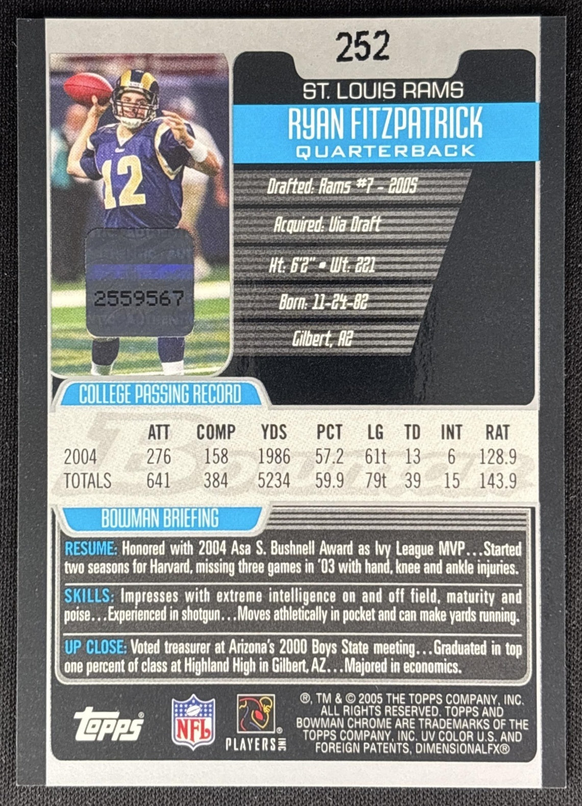 Ryan Fitzpatrick 2005 Bowman Chrome Rookie Auto Rams Sports Trading Cards