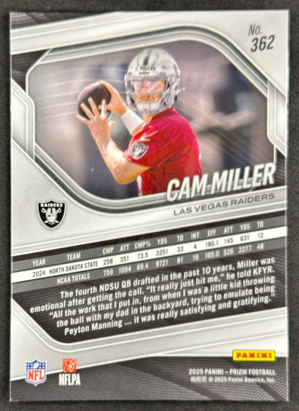 Cam Miller 2025 Prizm Raiders Sports Trading Cards