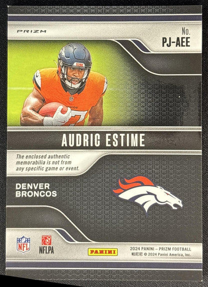 Audric Estime 2024 Panini Prizm Premier Jerseys Purple Pulsar Broncos