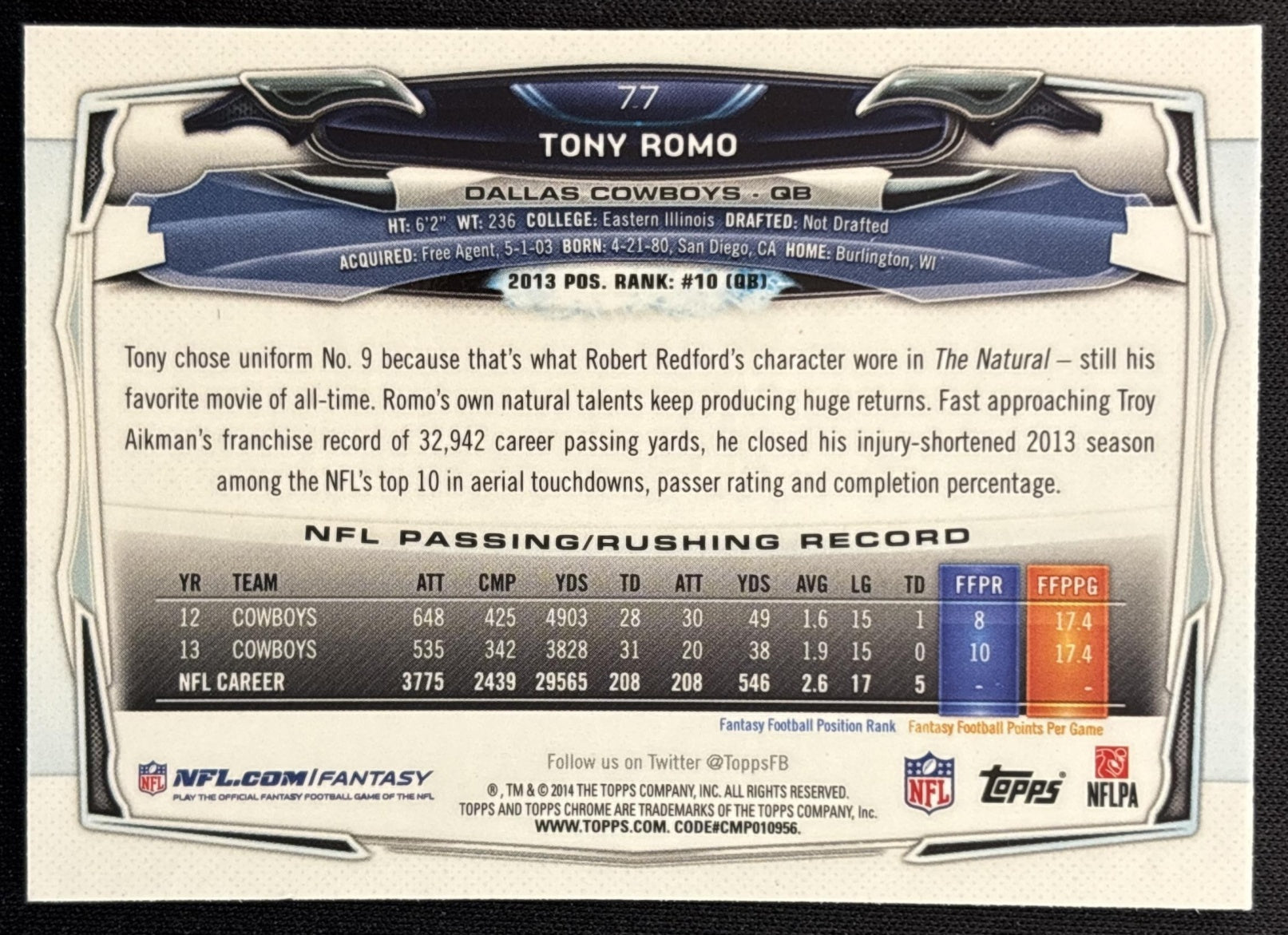 Tony Romo 2014 Topps Chrome Purple Refractor Cowboys