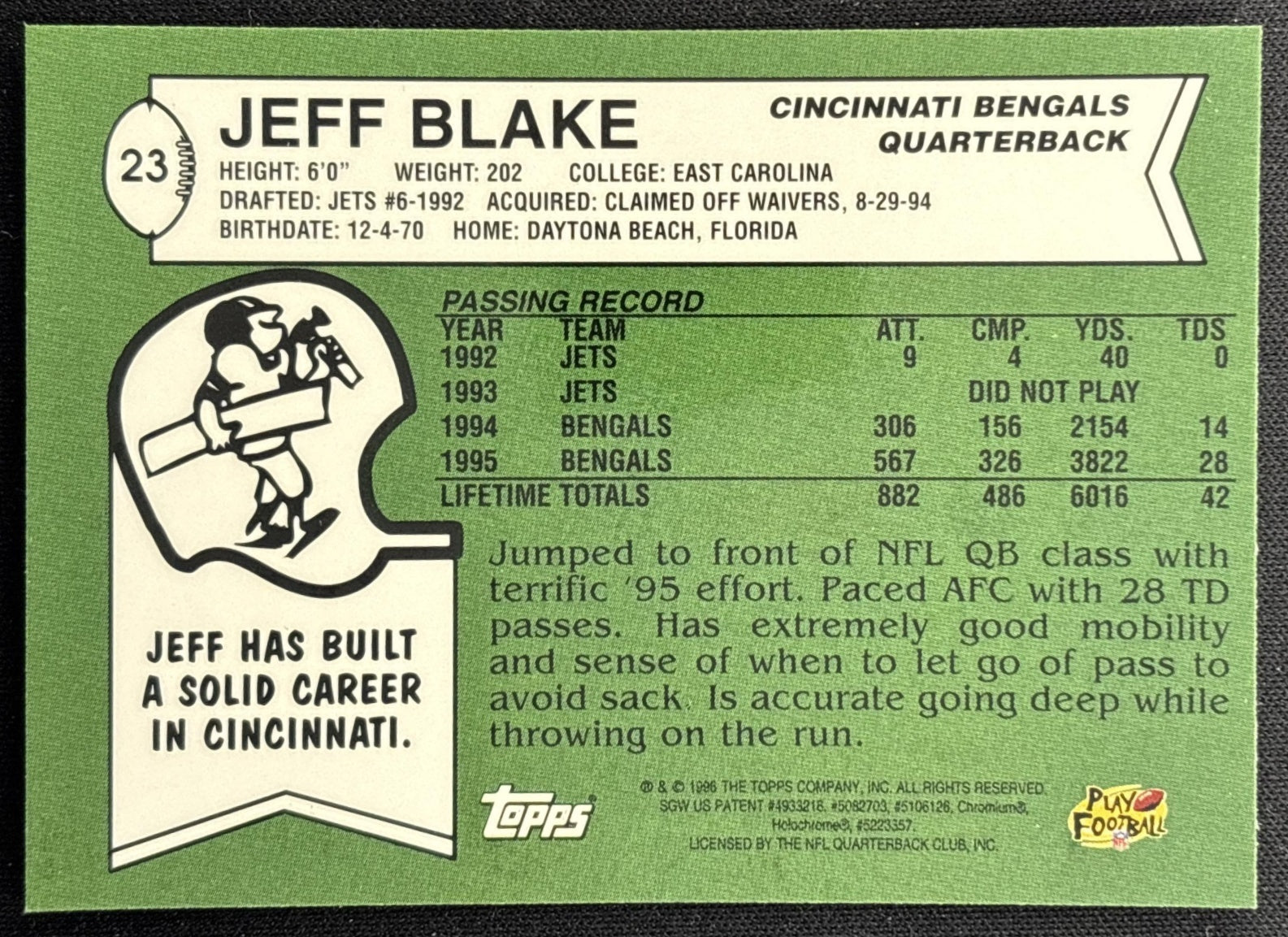 Jeff Blake 1996 Topps Chrome 40th Anniversary Commemorative Bengals Sports Trading Cards