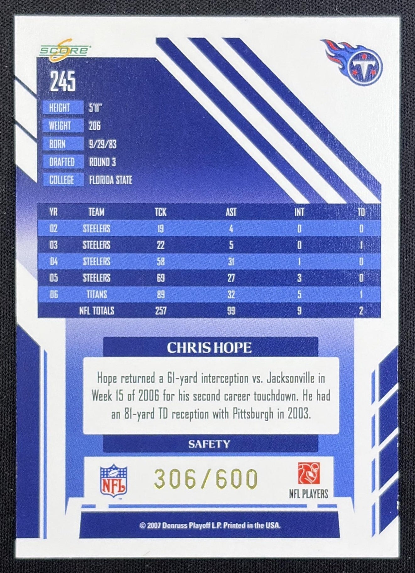 Chris Hope 2007 Score Gold Zone /600 Titans