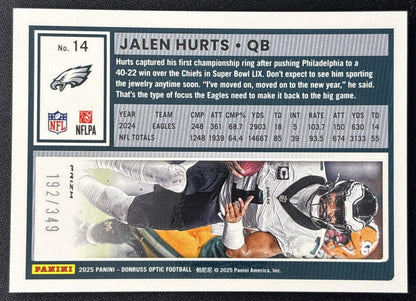 Jalen Hurts 2025 Panini Donruss Optic Aqua Prizm /349 Eagles