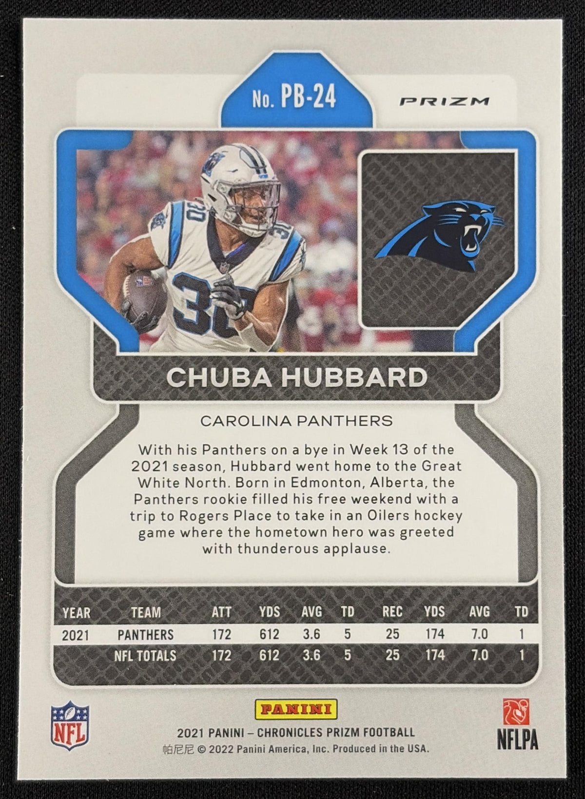 Chuba Hubbard 2021 Panini Chronicles Prizm Black Silver Panthers