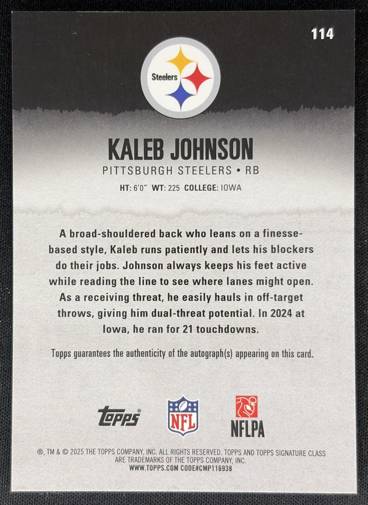 Kaleb Johnson 2025 Signature Class Rookie Chrome Auto Red Lava Refractor /25 Steelers back