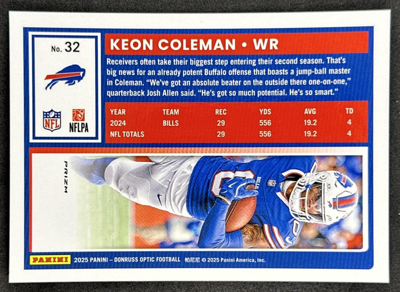 Keon Coleman 2025 Panini Donruss Optic Holo Prizm Bills Back