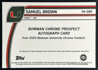 Samuel Brown 2024 Bowman Chrome University Prospect Auto Hurricanes back