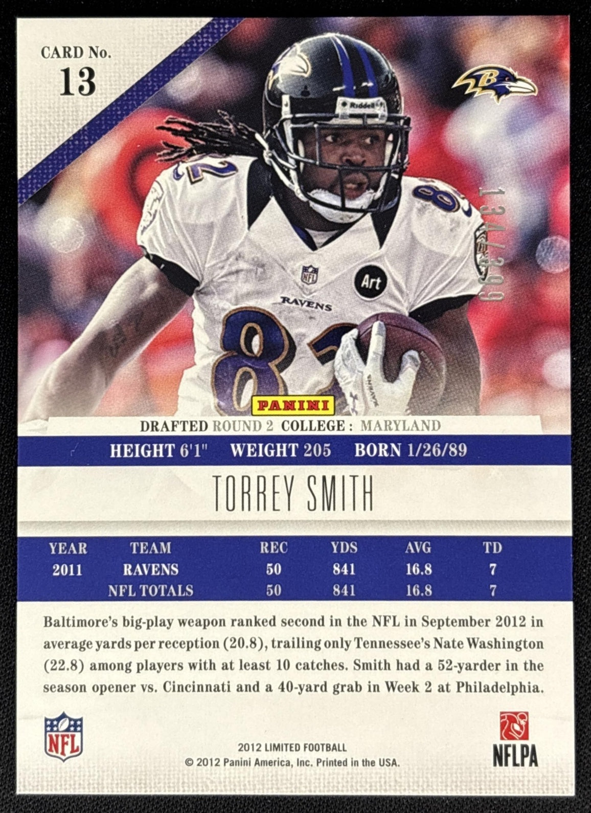 Torrey Smith 2012 Panini Limited /399 Ravens back