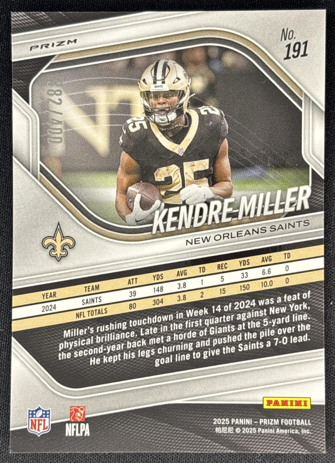 Kendre Miller 2025 Panini Prizm Pandora /400 Saints back