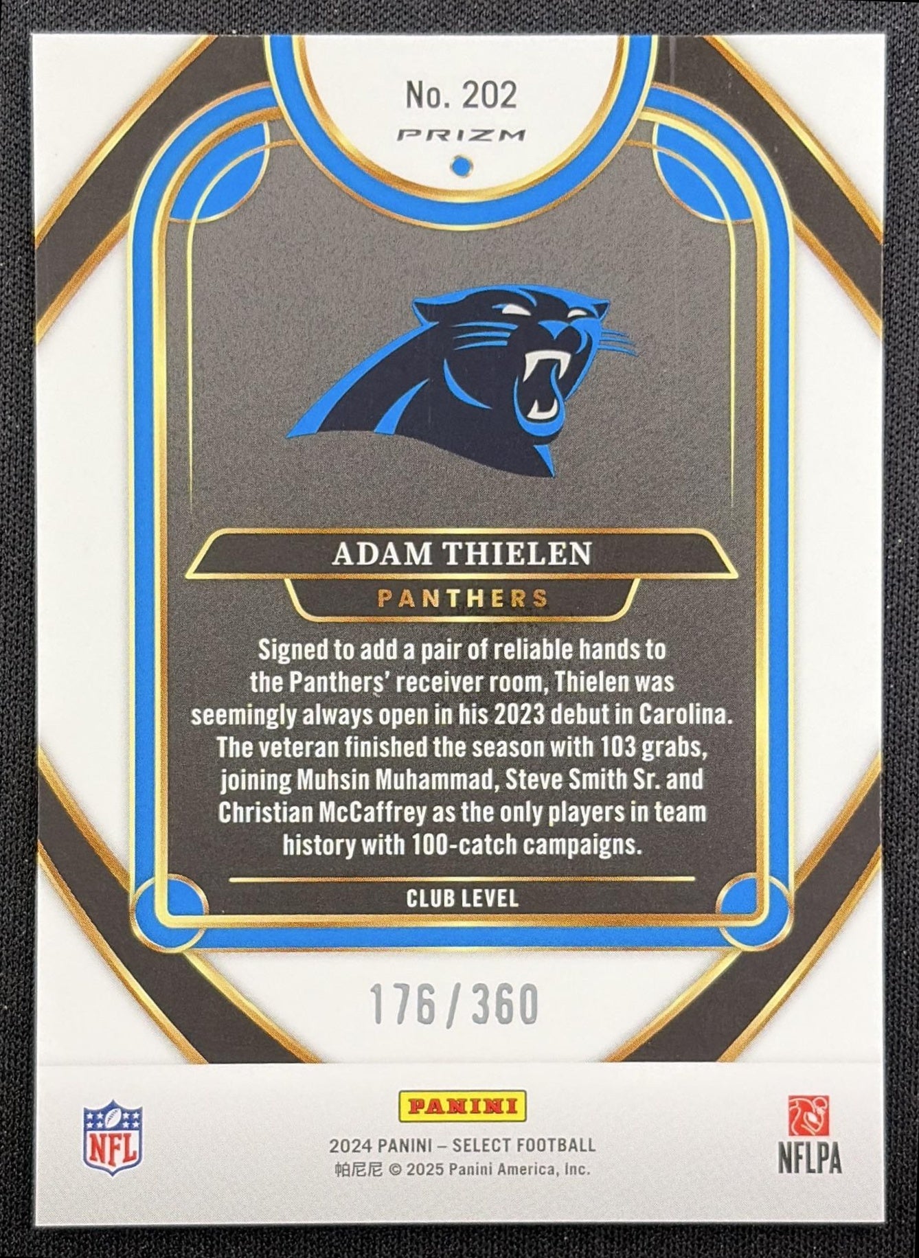 Adam Thielen 2024 Panini Select Club Purple Prizm Shock /360 Panthers