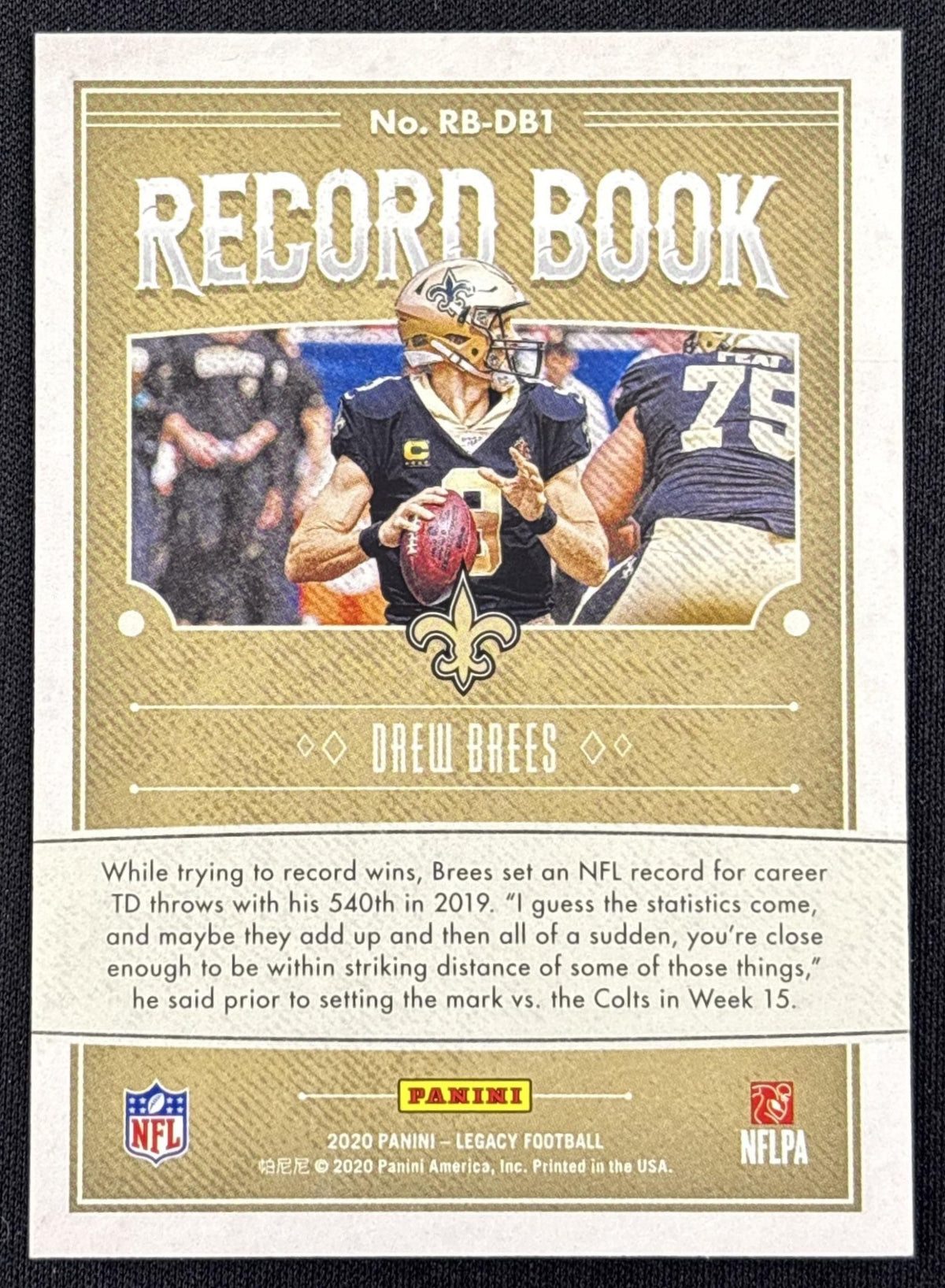 Drew Brees 2020 Panini Legacy Record Book Blue /50 Saints - back