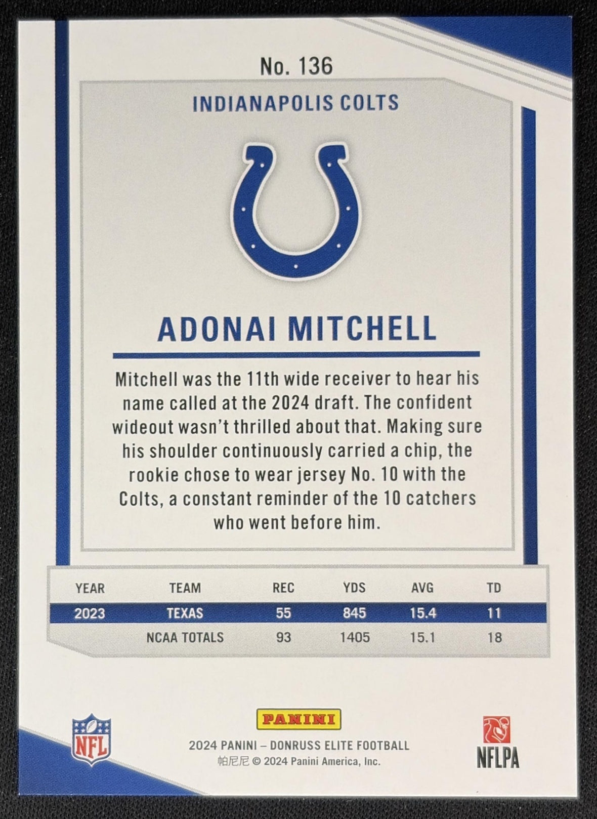 Adonai Mitchell 2024 Panini Donruss Elite /999 Colts back