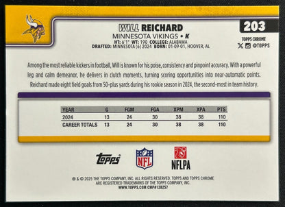 Will Reichard 2025 Topps Chrome Vikings Sports Trading Cards
