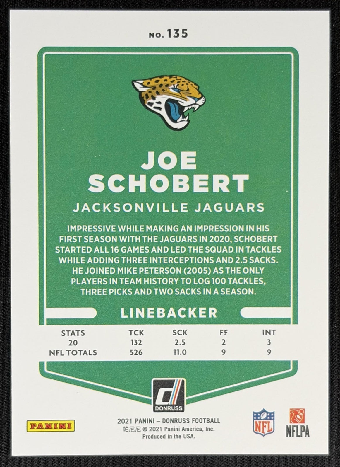 Joe Schobert 2021 Panini Donruss Press Proof Premium Jaguars Sports Trading Card