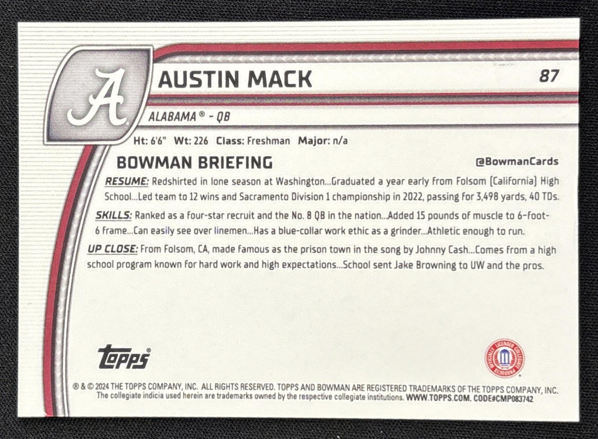 Austin Mack 2024 Bowman Chrome University Fuchsia Mini Diamond Refractor /125 Crimson Tide