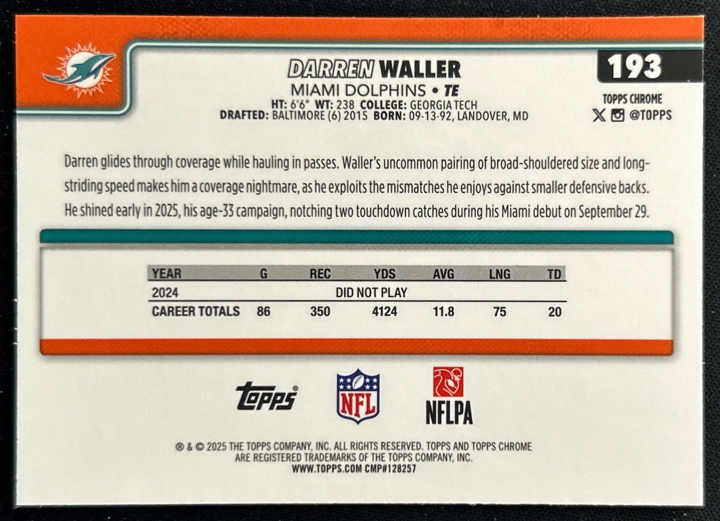 Darren Waller 2025 Topps Chrome Dolphins Sports Trading Cards
