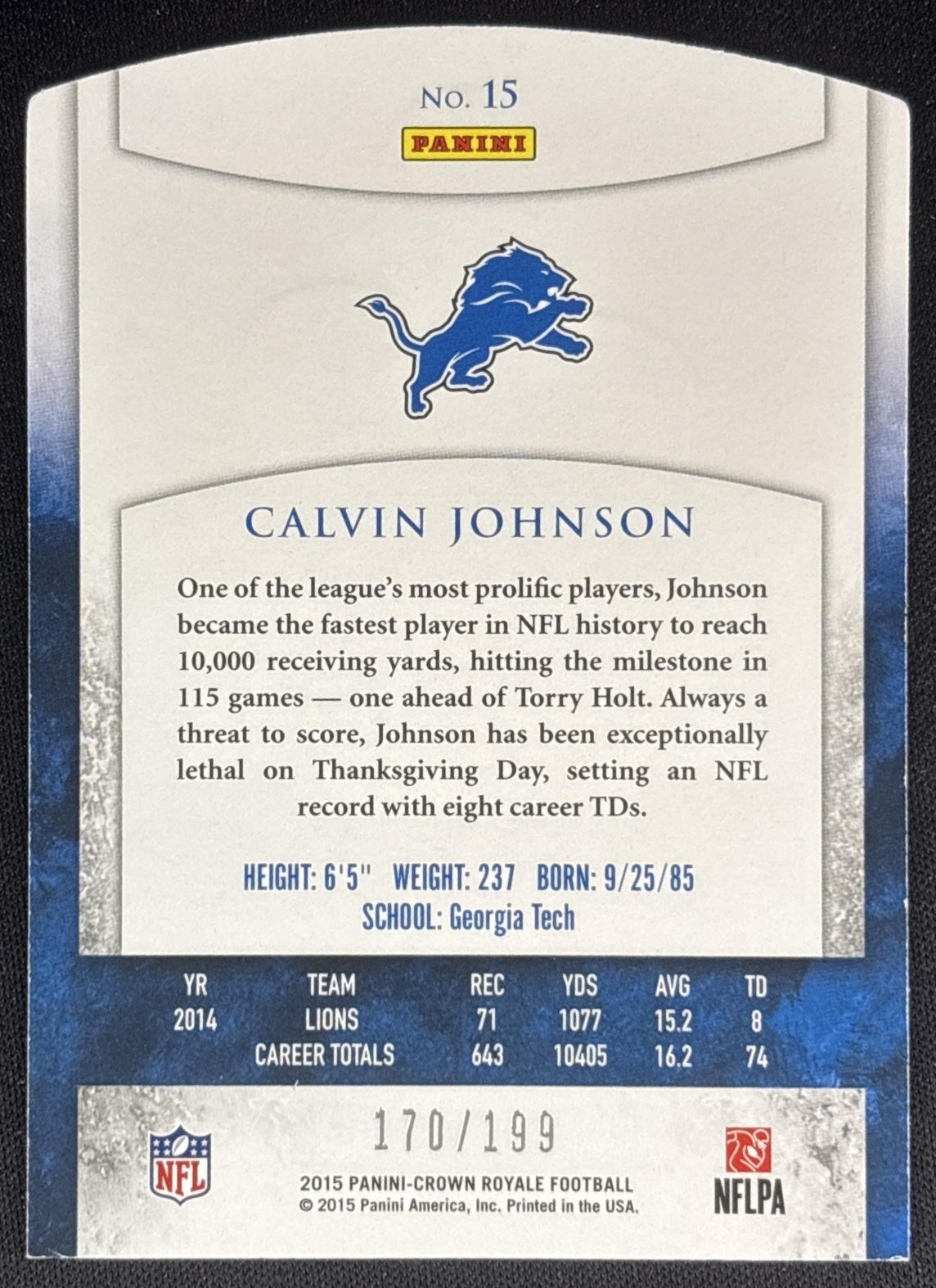 Calvin Johnson 2015 Panini Crown Royale Silver Holofoil /199 Lions Sports Trading Card