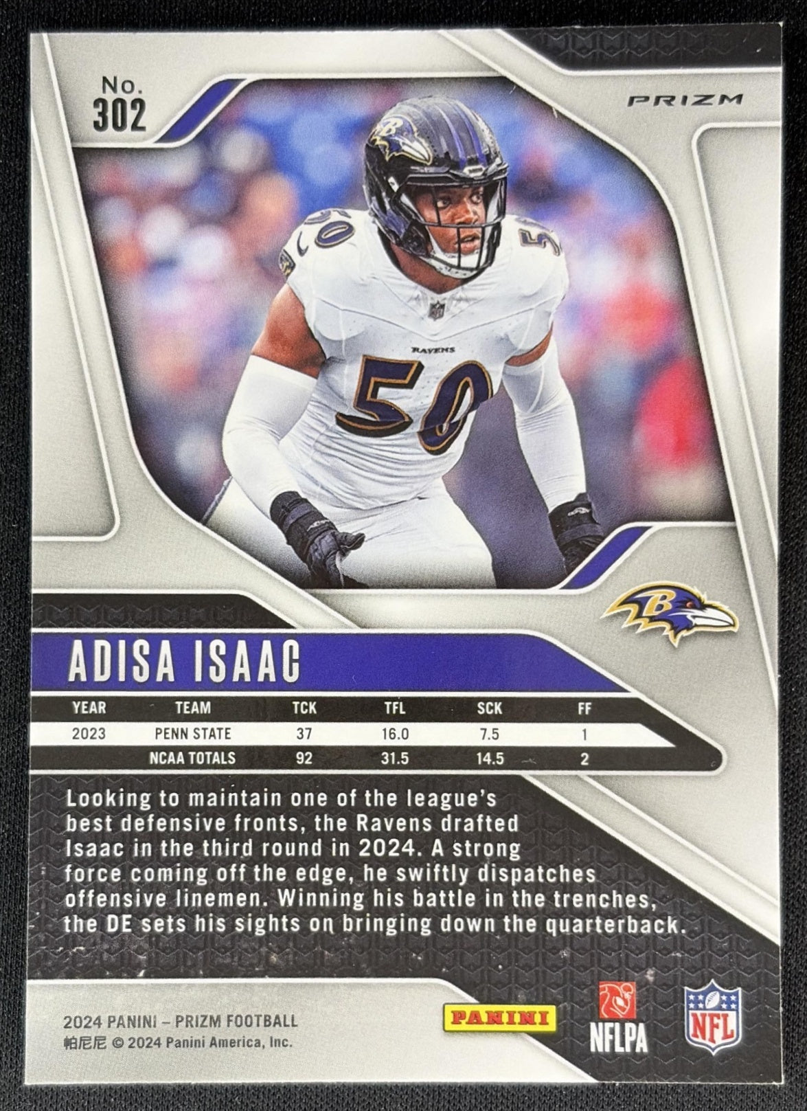 Adisa Isaac 2024 Panini Prizm Silver Ravens Back