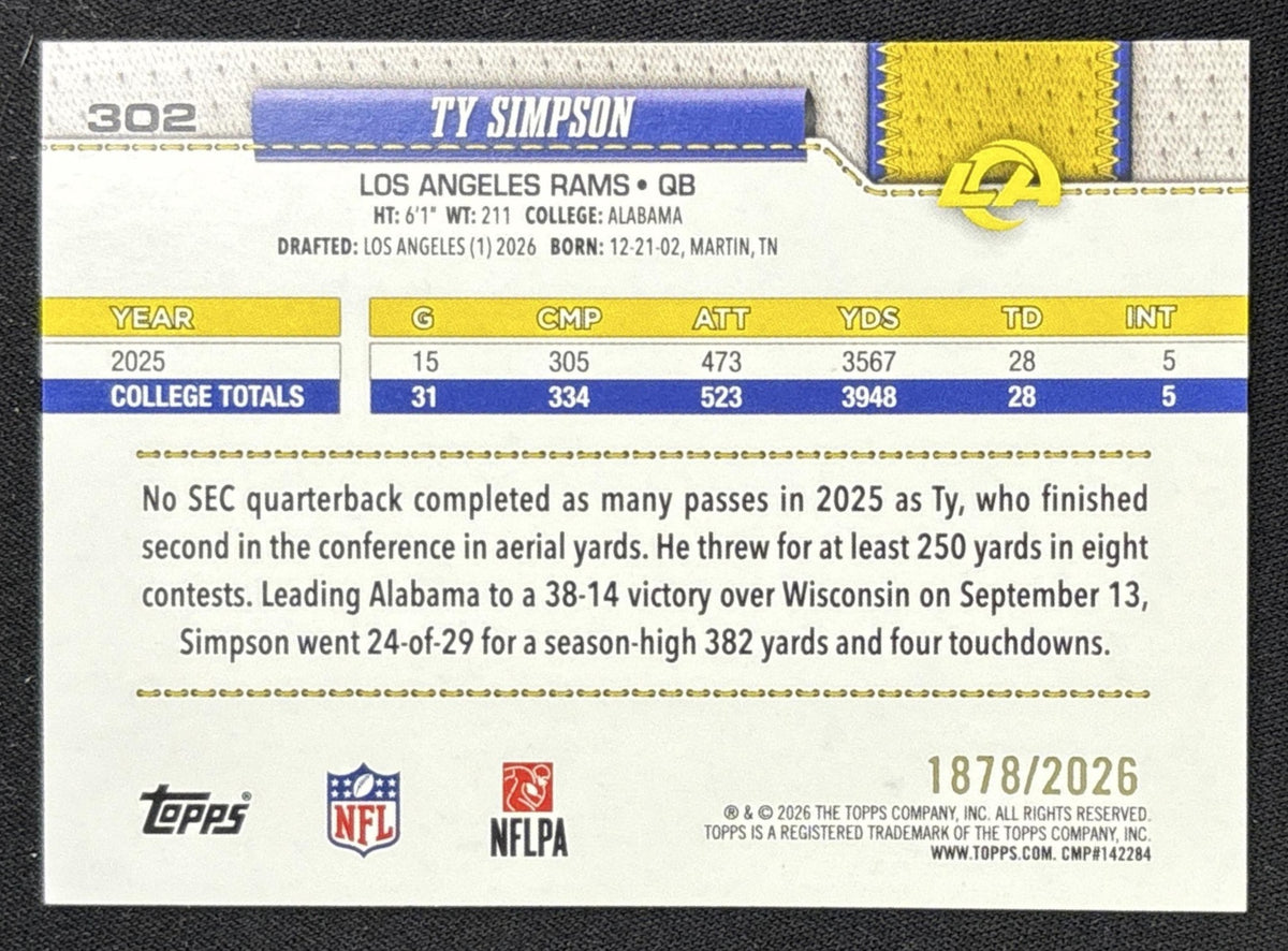 Ty Simpson 2026 Topps Gold /2026 Rams
